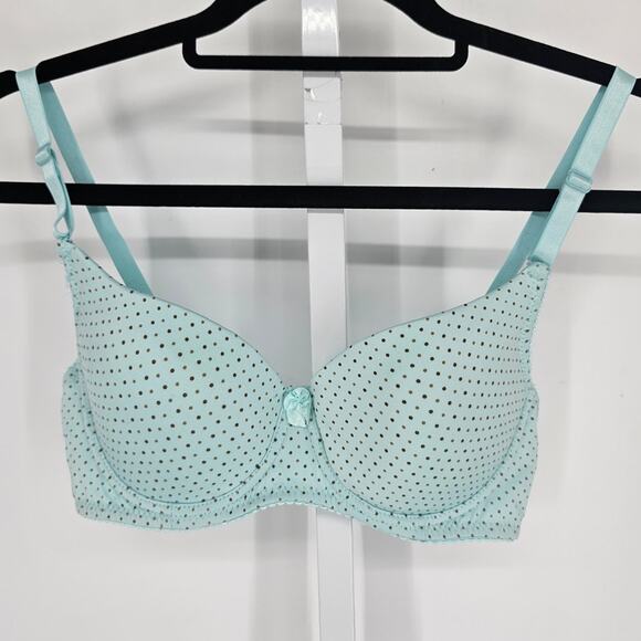 Vintage Y2K Womens Sz 36B T Shirt Bra Light Blue Brown Polka Dot - Picture 1 of 4